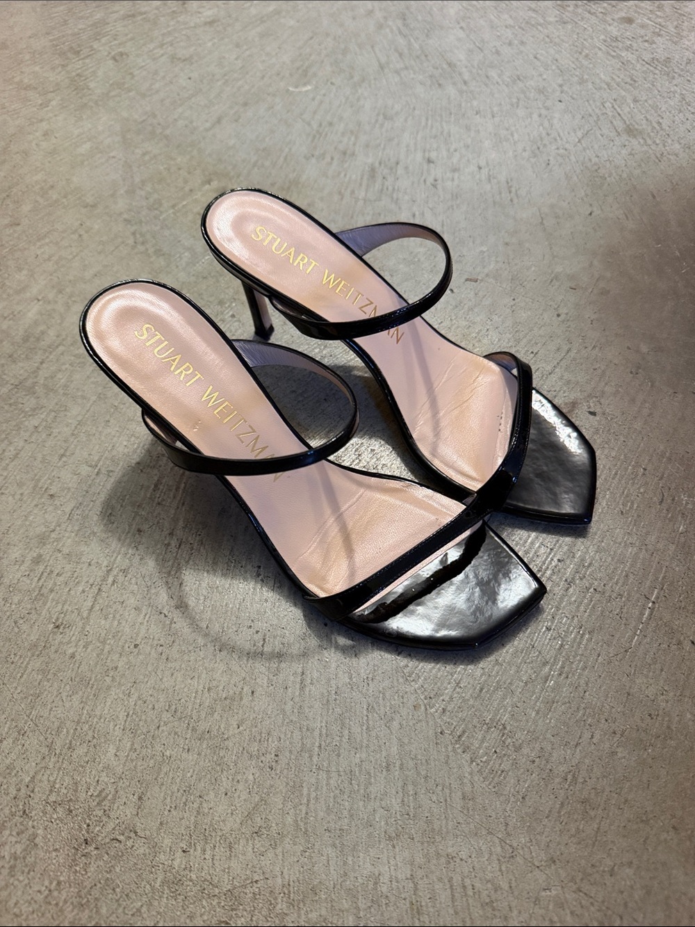 Stuart Weitzman Black Patent Leather Strappy Square-Toe Heels